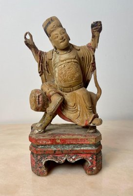 Chinese Ming Dynasty Artist, Carved Statuette of Guandi, God of War & Foo Dog, 1600s, Wood-BXG-1812723