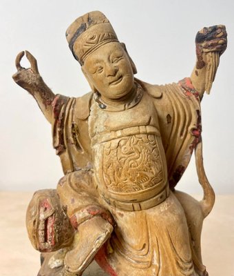 Chinese Ming Dynasty Artist, Carved Statuette of Guandi, God of War & Foo Dog, 1600s, Wood-BXG-1812723