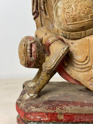 Chinese Ming Dynasty Artist, Carved Statuette of Guandi, God of War & Foo Dog, 1600s, Wood-BXG-1812723