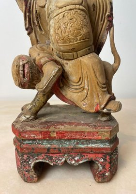 Chinese Ming Dynasty Artist, Carved Statuette of Guandi, God of War & Foo Dog, 1600s, Wood-BXG-1812723