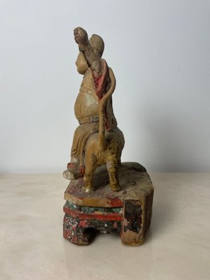 Chinese Ming Dynasty Artist, Carved Statuette of Guandi, God of War & Foo Dog, 1600s, Wood-BXG-1812723