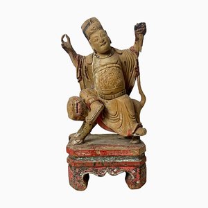 Chinese Ming Dynasty Artist, Carved Statuette of Guandi, God of War & Foo Dog, 1600s, Wood-BXG-1812723