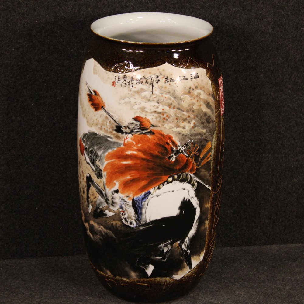 Chinese Painted Ceramic Vase with Warrior on Horseback, 2000s