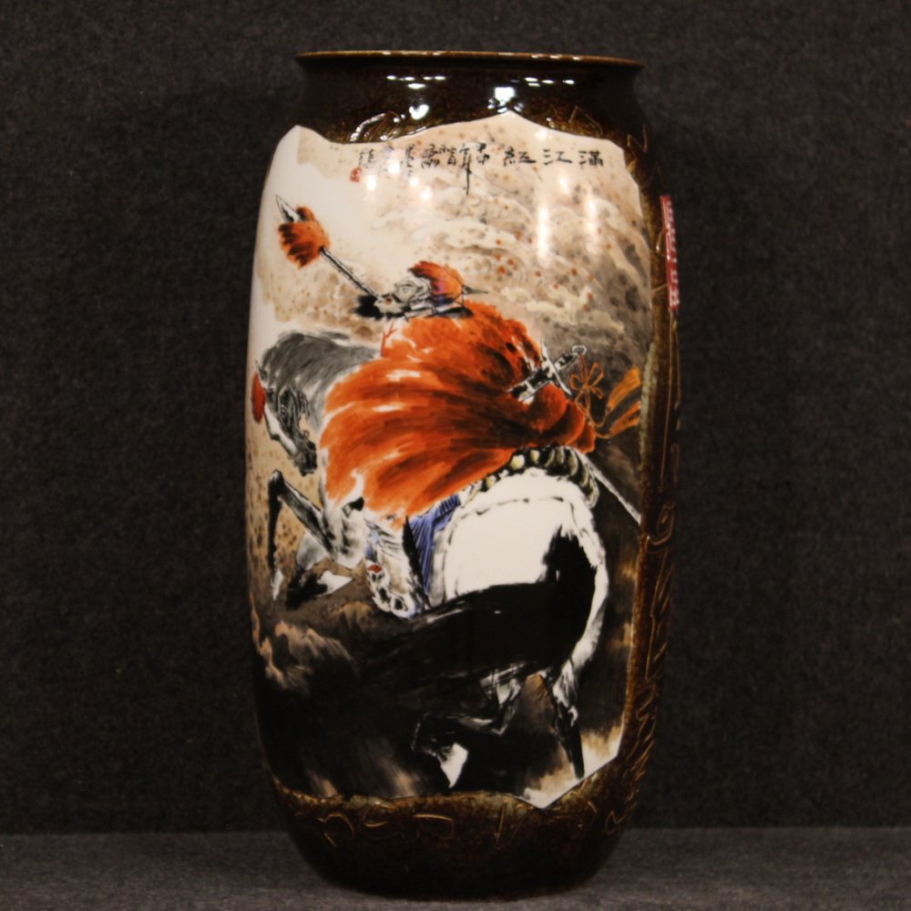 Chinese Painted Ceramic Vase with Warrior on Horseback, 2000s