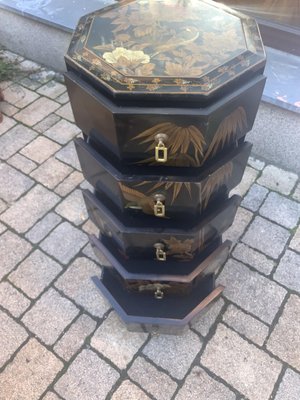 Chinese Pillar Chest of Drawers in Black Lacquer, 1920-NYZ-2027871