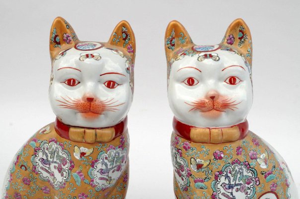 Chinese Porcelain Cat Sculptures, 1980s, Set of 2-CEJ-626810