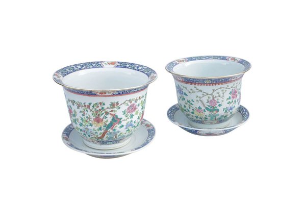 Chinese Porcelain Planters with Saucers, 1900s, Set of 2-CEJ-488372