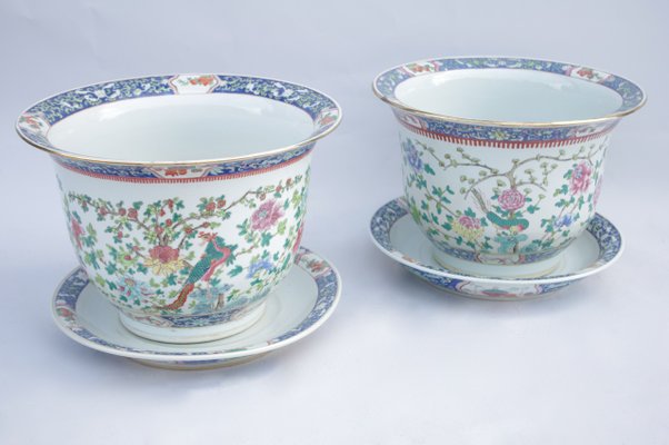 Chinese Porcelain Planters with Saucers, 1900s, Set of 2-CEJ-488372