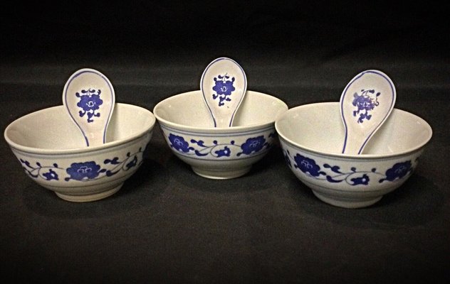 Chinese Porcelain Rice Bowls with 3 Spoons, 1940s, Set of 9-JZV-2041109