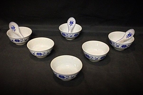 Chinese Porcelain Rice Bowls with 3 Spoons, 1940s, Set of 9-JZV-2041109