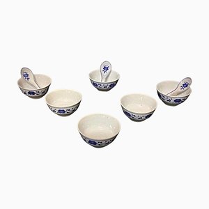 Chinese Porcelain Rice Bowls with 3 Spoons, 1940s, Set of 9-JZV-2041109