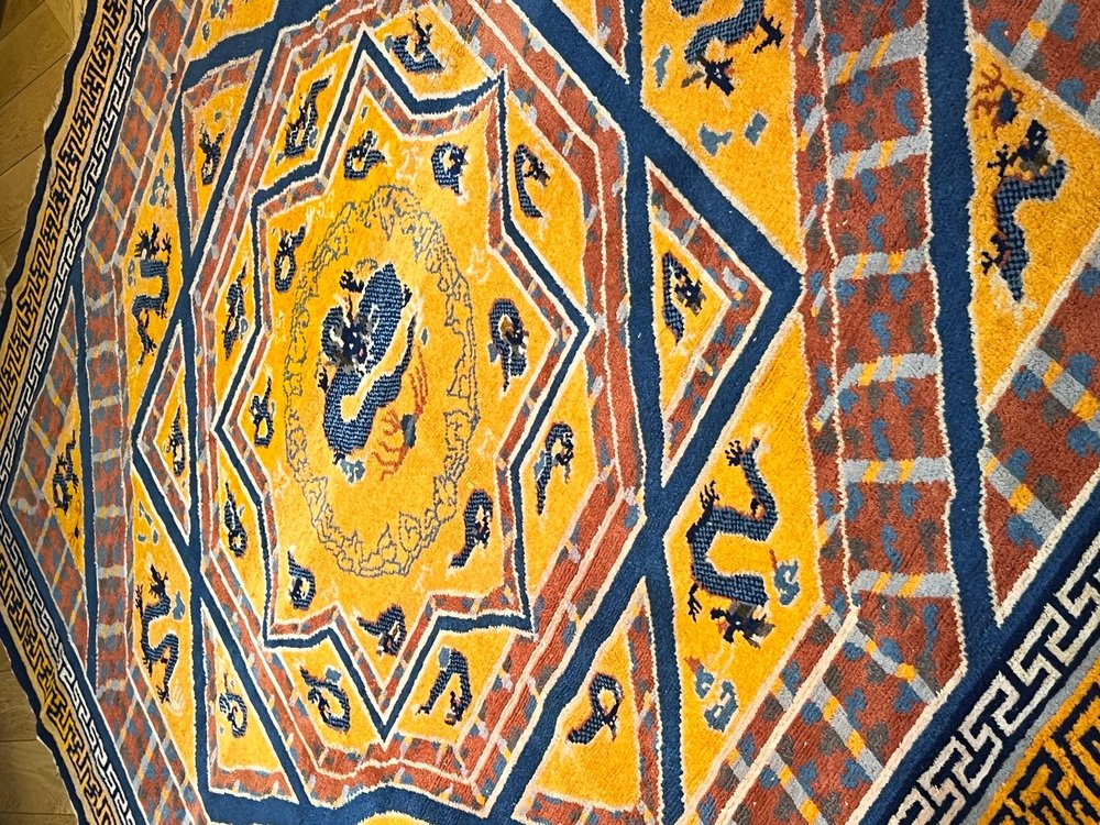 Chinese Rug with Dragons and 8-Pointed Star Motif, 1950s