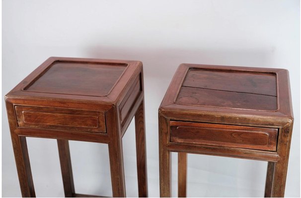 Chinese Side Tables with Drawer in Polished Dark Wood, Set of 2-UY-1241179