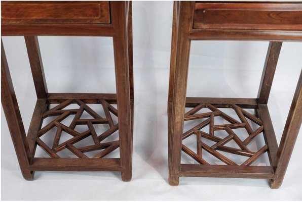 Chinese Side Tables with Drawer in Polished Dark Wood, Set of 2-UY-1241179