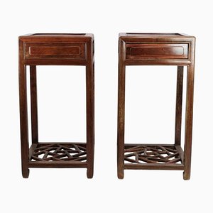 Chinese Side Tables with Drawer in Polished Dark Wood, Set of 2-UY-1241179