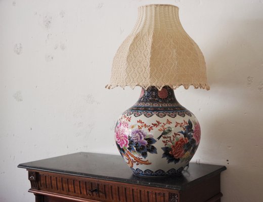 Chinese Vase Table Lamp with Hand-Embroidered Lace Shade, 1950s-KNM-884875