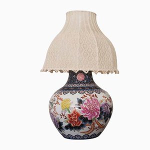 Chinese Vase Table Lamp with Hand-Embroidered Lace Shade, 1950s-KNM-884875