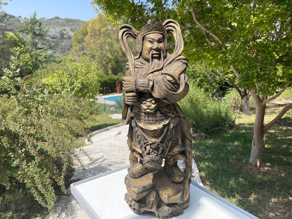 Chinese Wooden Samourai Sculpture in Gold Color