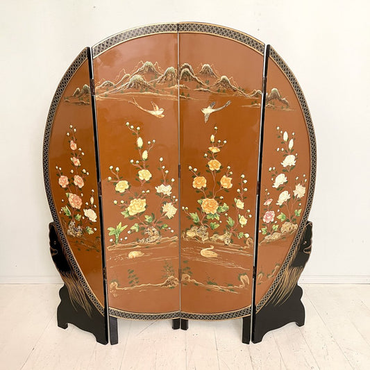 Chinoiserie and Black Lacquer Four-Panel Folding Screen Room Divider, 1930s