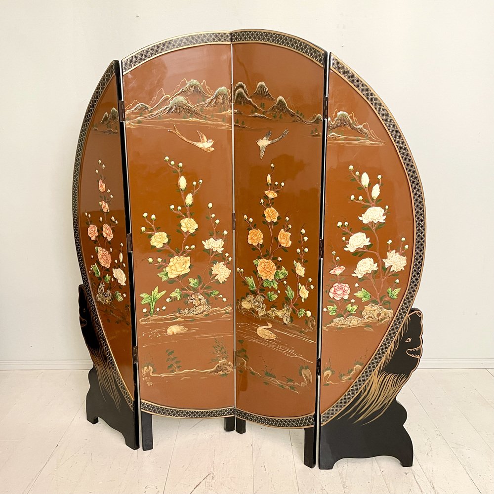 Chinoiserie and Black Lacquer Four-Panel Folding Screen Room Divider, 1930s