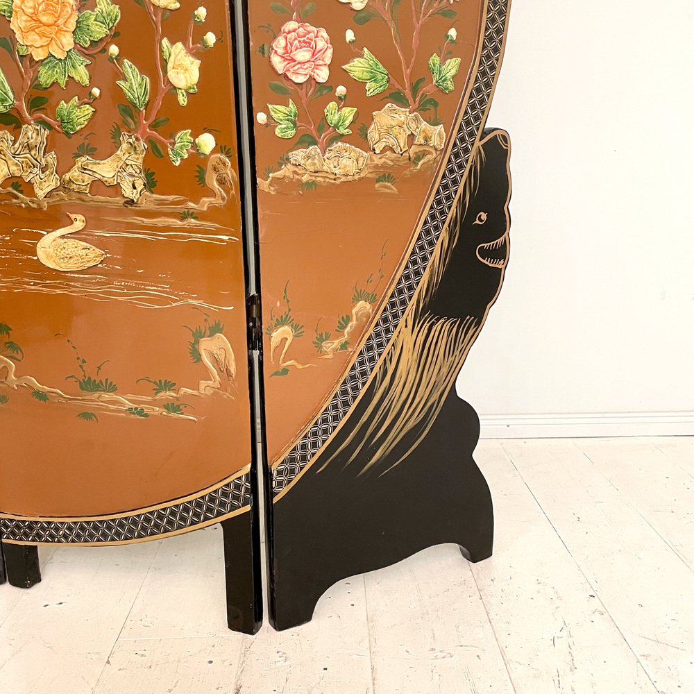 Chinoiserie and Black Lacquer Four-Panel Folding Screen Room Divider, 1930s