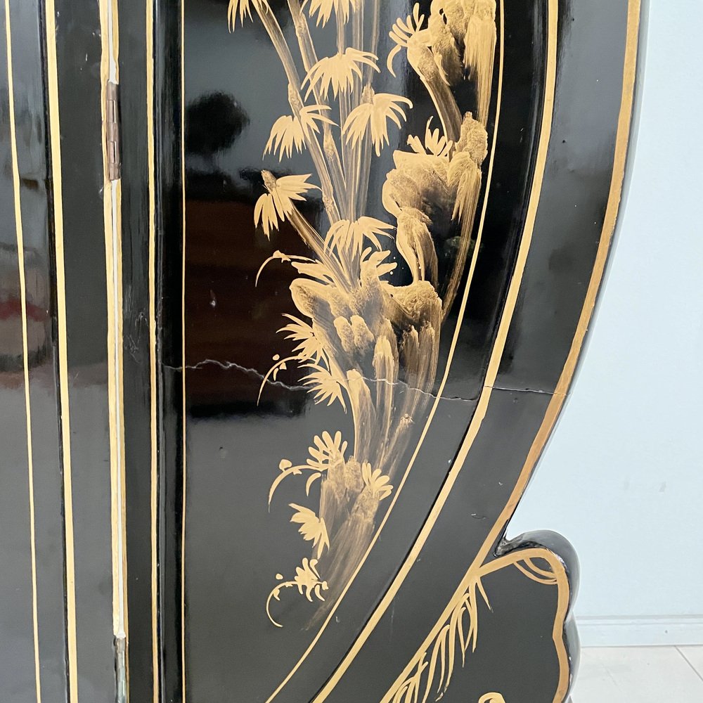 Chinoiserie and Black Lacquer Four-Panel Folding Screen Room Divider, 1930s