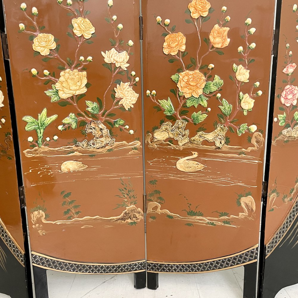 Chinoiserie and Black Lacquer Four-Panel Folding Screen Room Divider, 1930s