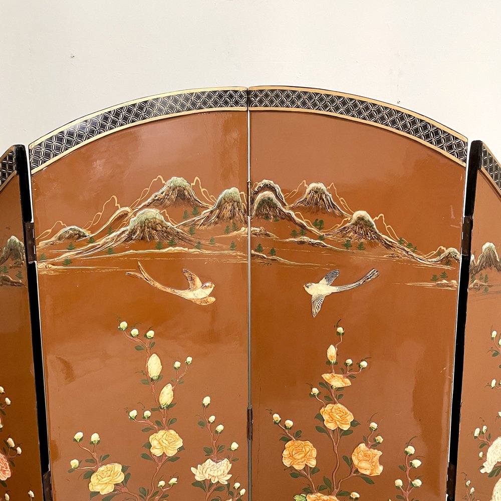 Chinoiserie and Black Lacquer Four-Panel Folding Screen Room Divider, 1930s