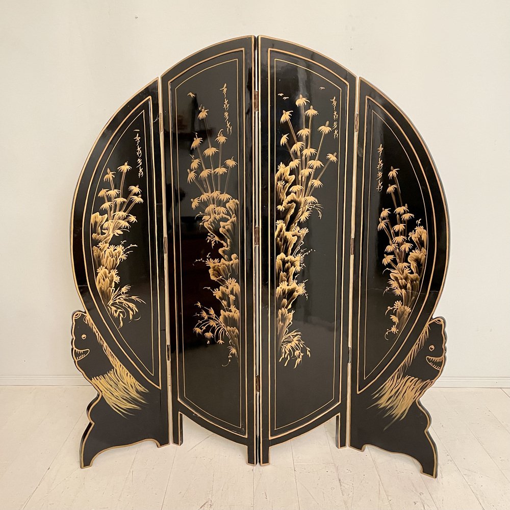 Chinoiserie and Black Lacquer Four-Panel Folding Screen Room Divider, 1930s