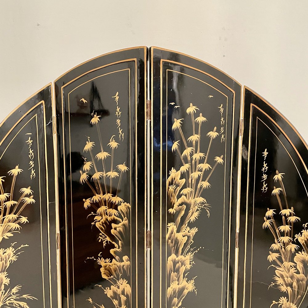 Chinoiserie and Black Lacquer Four-Panel Folding Screen Room Divider, 1930s