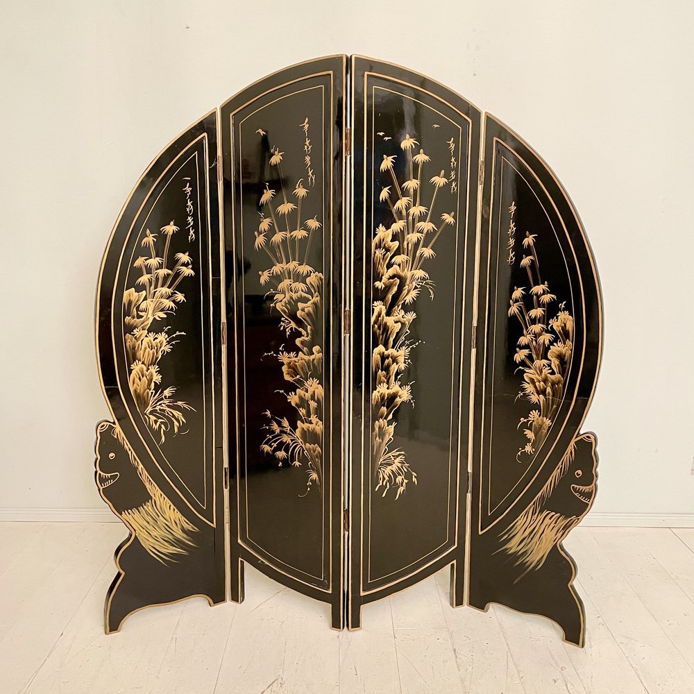 Chinoiserie and Black Lacquer Four-Panel Folding Screen Room Divider, 1930s