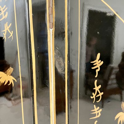 Chinoiserie and Black Lacquer Four-Panel Folding Screen Room Divider, 1930s-FB-1405259