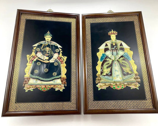 Chinoiserie Asian Emperor- Empress Wall Plaque, China, 1980s, Set of 2