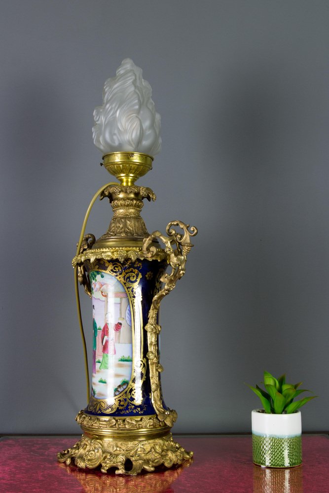 Chinoiserie Style French Gilt Bronze and Hand Painted Porcelain Table Lamp