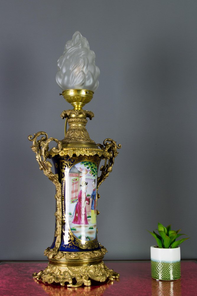 Chinoiserie Style French Gilt Bronze and Hand Painted Porcelain Table Lamp