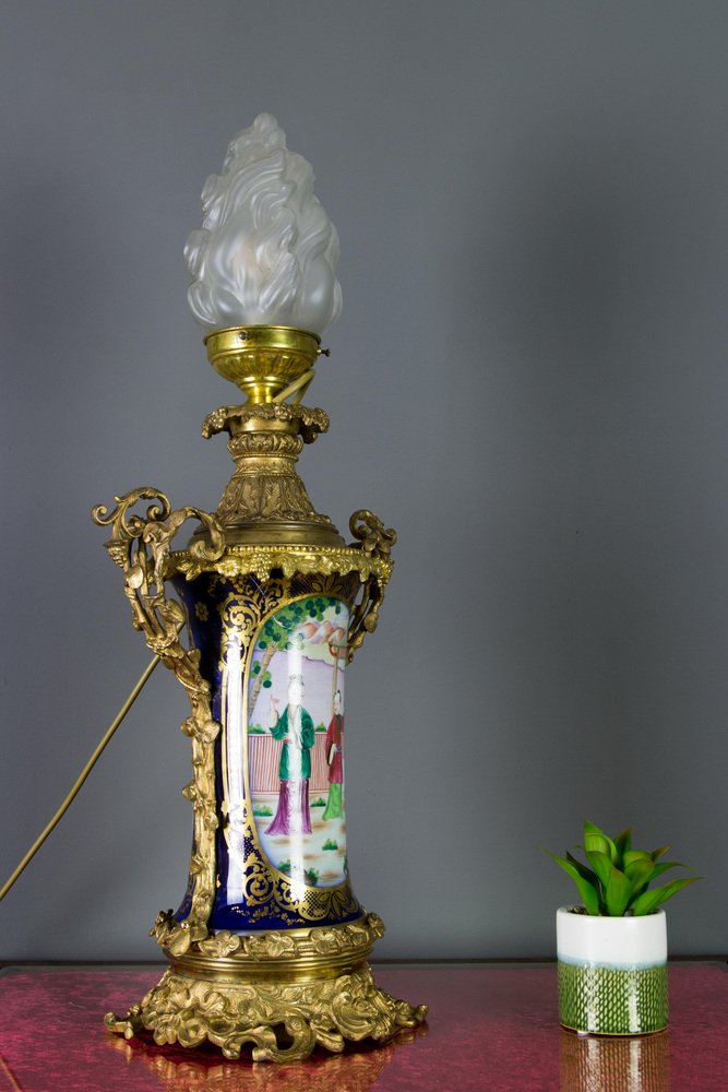 Chinoiserie Style French Gilt Bronze and Hand Painted Porcelain Table Lamp