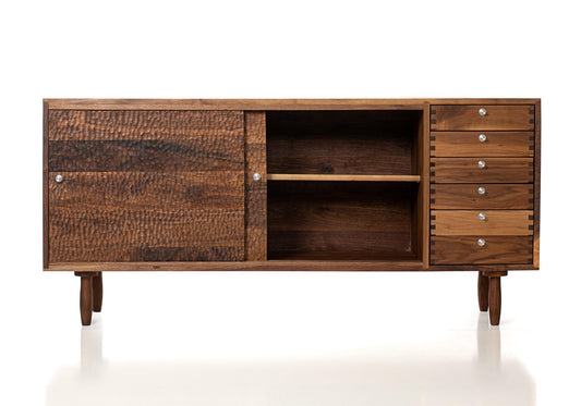 Chip Carved Walnut Sideboard with Sliding Doors by Michael Rozell