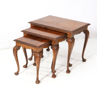 Chippendale Style Burl Walnut Nesting Tables, 1920s, Set of 3-MY-1804481