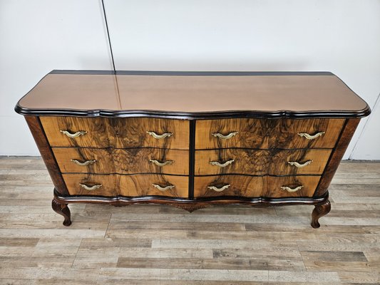 Chippendale Style Chest of Drawers in Burr Walnut and Blond Walnut with Glass Top, 1940-ZUW-2023430