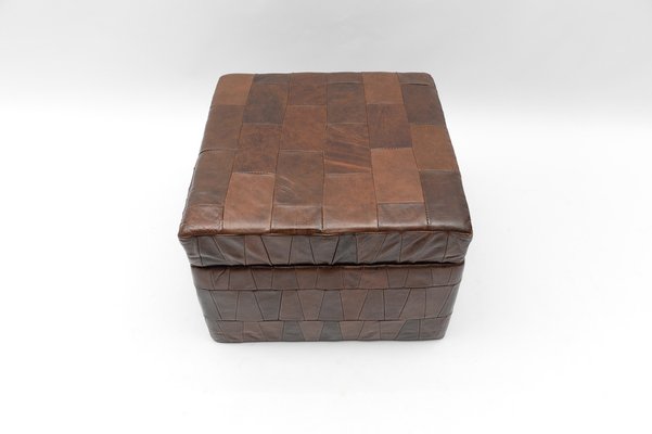 Choco Brown Leather Patchwork Pouf with Storage Space, Switzerland, 1960s-KQB-1803237