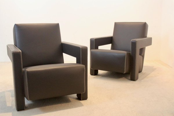 Chocolate Brown Leather Utrecht Lounge Chairs by Gerrit Rietveld for Cassina, 1980s, Set of 2-MO-1718896