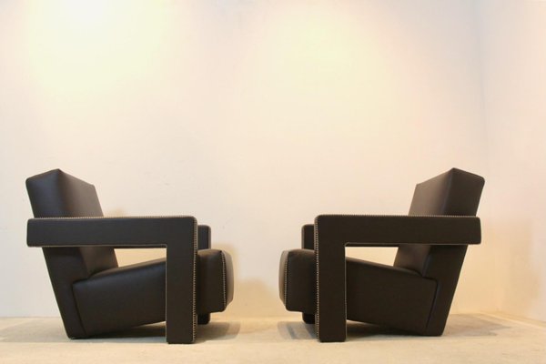 Chocolate Brown Leather Utrecht Lounge Chairs by Gerrit Rietveld for Cassina, 1980s, Set of 2-MO-1718896