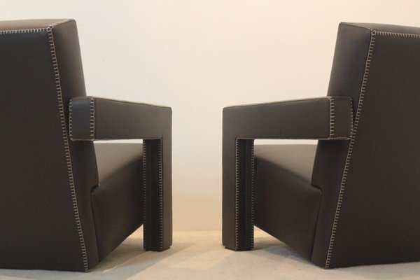 Chocolate Brown Leather Utrecht Lounge Chairs by Gerrit Rietveld for Cassina, 1980s, Set of 2-MO-1718896