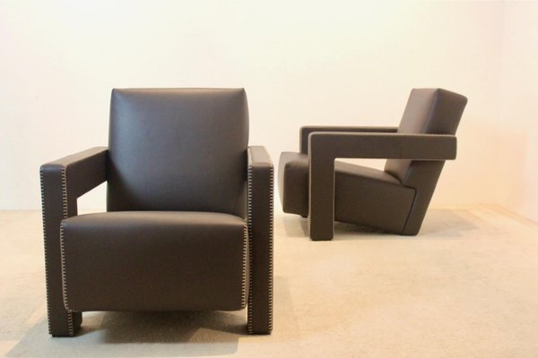 Chocolate Brown Leather Utrecht Lounge Chairs by Gerrit Rietveld for Cassina, 1980s, Set of 2-MO-1718896