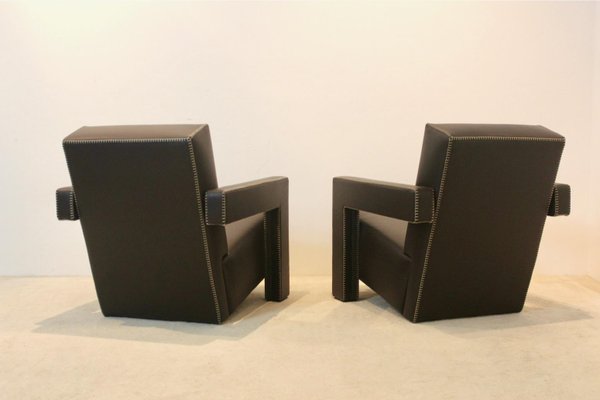 Chocolate Brown Leather Utrecht Lounge Chairs by Gerrit Rietveld for Cassina, 1980s, Set of 2-MO-1718896