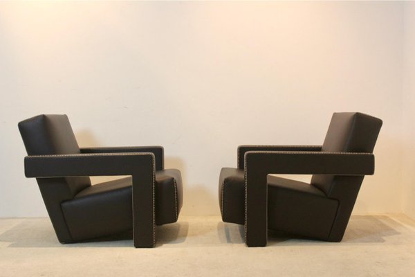 Chocolate Brown Leather Utrecht Lounge Chairs by Gerrit Rietveld for Cassina, 1980s, Set of 2-MO-1718896