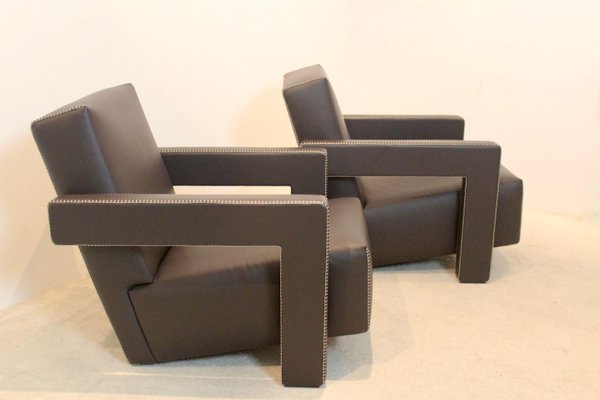 Chocolate Brown Leather Utrecht Lounge Chairs by Gerrit Rietveld for Cassina, 1980s, Set of 2-MO-1718896