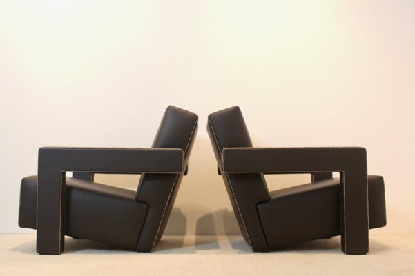 Chocolate Brown Leather Utrecht Lounge Chairs by Gerrit Rietveld for Cassina, 1980s, Set of 2-MO-1718896