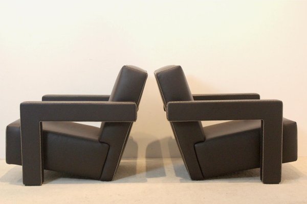 Chocolate Brown Leather Utrecht Lounge Chairs by Gerrit Rietveld for Cassina, 1980s, Set of 2-MO-1718896