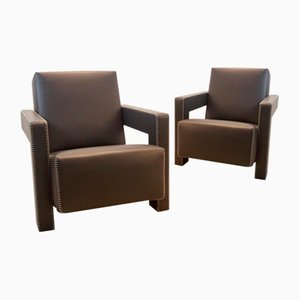 Chocolate Brown Leather Utrecht Lounge Chairs by Gerrit Rietveld for Cassina, 1980s, Set of 2-MO-1718896